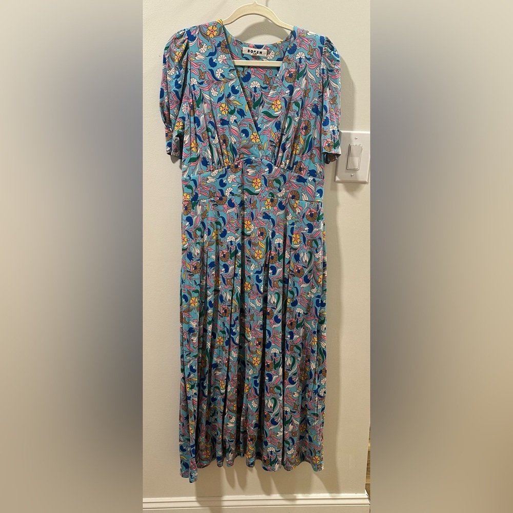 Boden Kristen Pleated Jersey Dress Blue Floral Vine Sz 12R - Picture 2 of 10